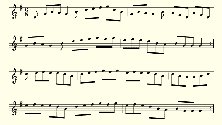 A musical score with four different notes on it.