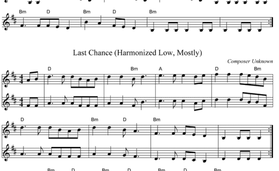 A sheet music page with four different notes.