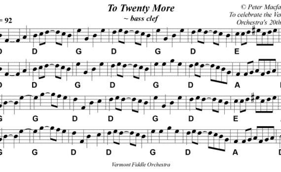 A sheet music with bass clef and notes.