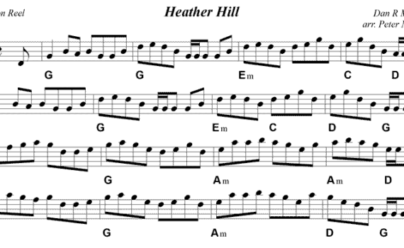 A sheet music with the name of the song heather hill.