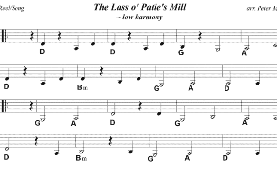 A sheet music with musical notes and the words " the lass o ' patie 's mill."